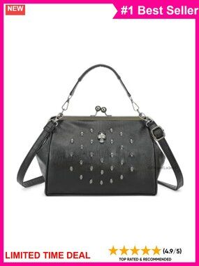 Gothic Skull Kiss Lock Satchel Crossbody Bag Faux Leather